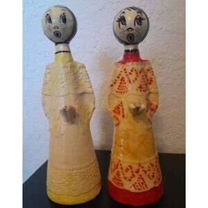 Vintage Mexican Folk Art Paper Mache Lady Angel Figurines Cone Shaped Pair